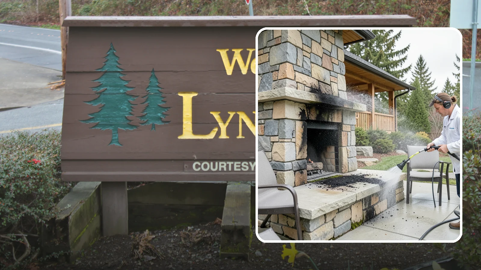 Outdoor Fireplace Cleaning in Lynnwood, Snohomish County, WA - Clean outdoor fireplace masonry to remove soot, smoke staining, and the moss that grows on the shaded stone.