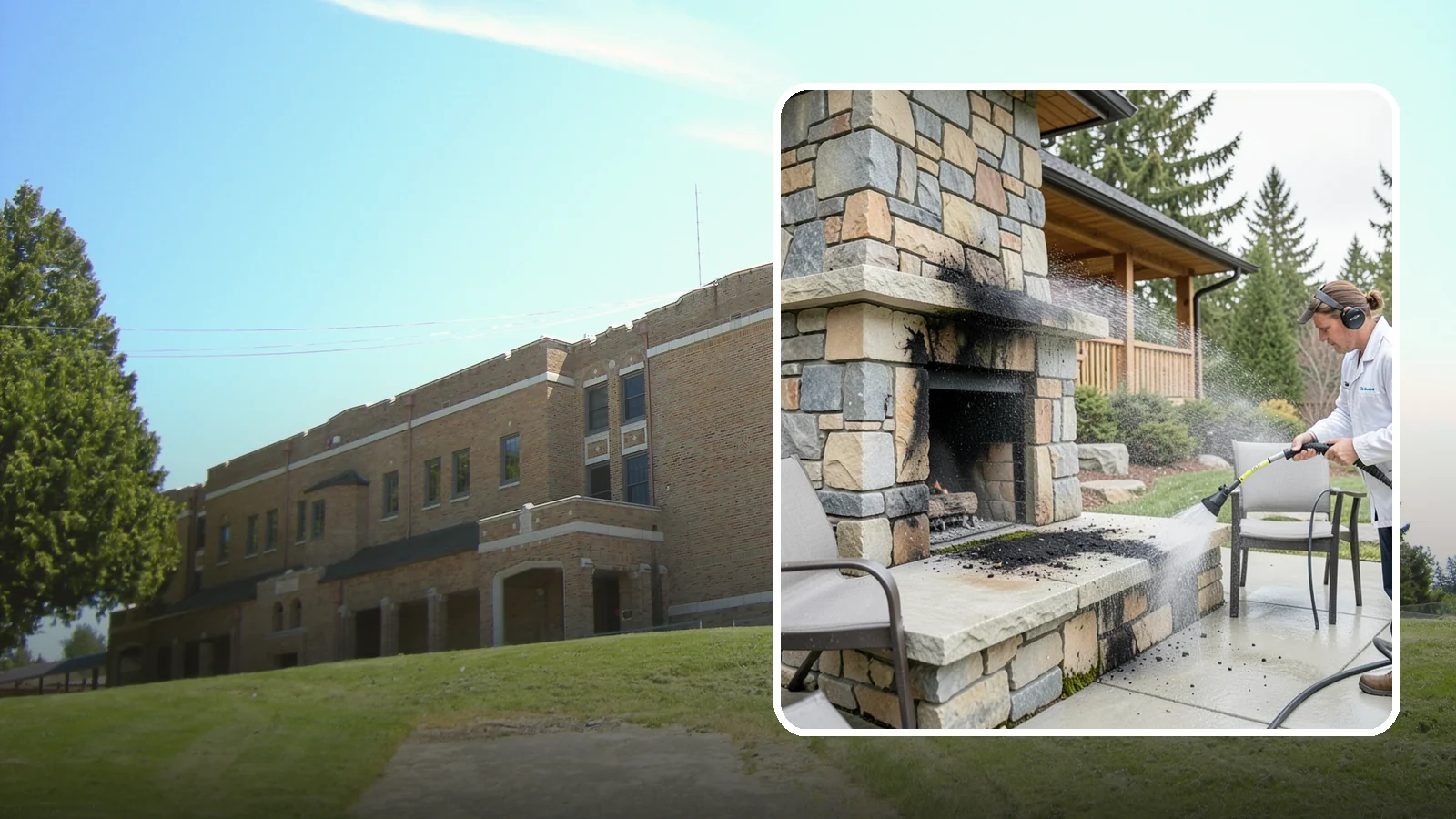 Outdoor Fireplace Cleaning in Maple Valley, King County, WA - Clean outdoor fireplace masonry to remove soot, smoke staining, and the moss that grows on the shaded stone.