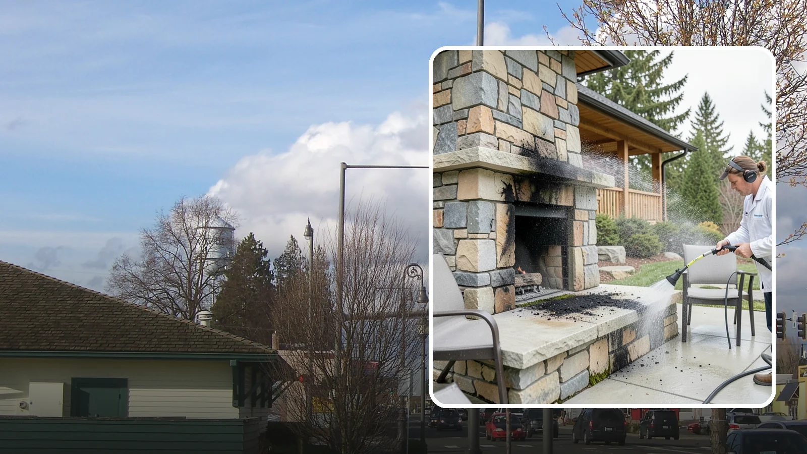 Outdoor Fireplace Cleaning in Marysville, Snohomish County, WA - Clean outdoor fireplace masonry to remove soot, smoke staining, and the moss that grows on the shaded stone.