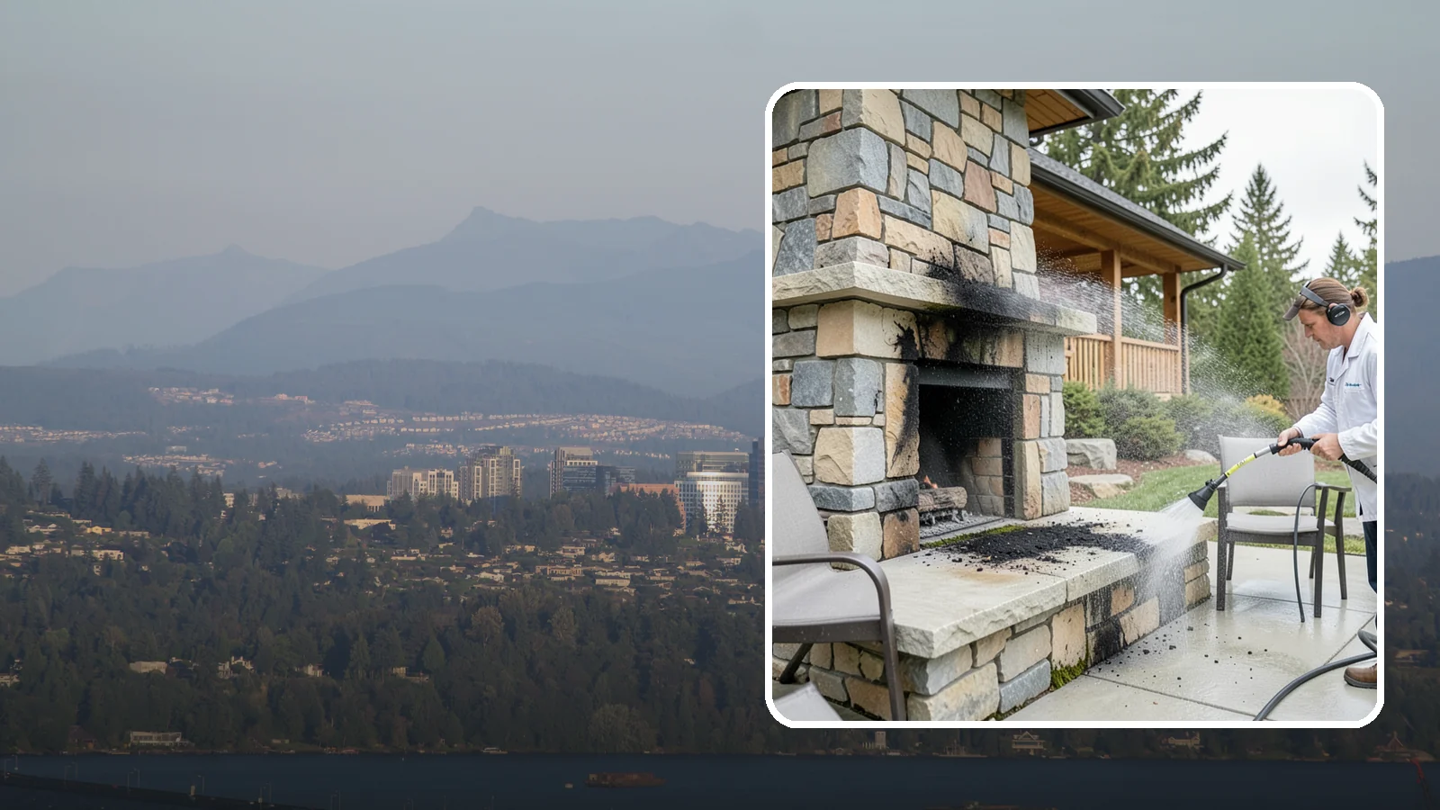 Outdoor Fireplace Cleaning in Medina, King County, WA - Clean outdoor fireplace masonry to remove soot, smoke staining, and the moss that grows on the shaded stone.
