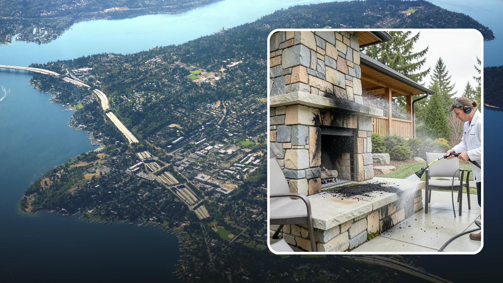 Outdoor Fireplace Cleaning in Mercer Island, King County, WA - Clean outdoor fireplace masonry to remove soot, smoke staining, and the moss that grows on the shaded stone.