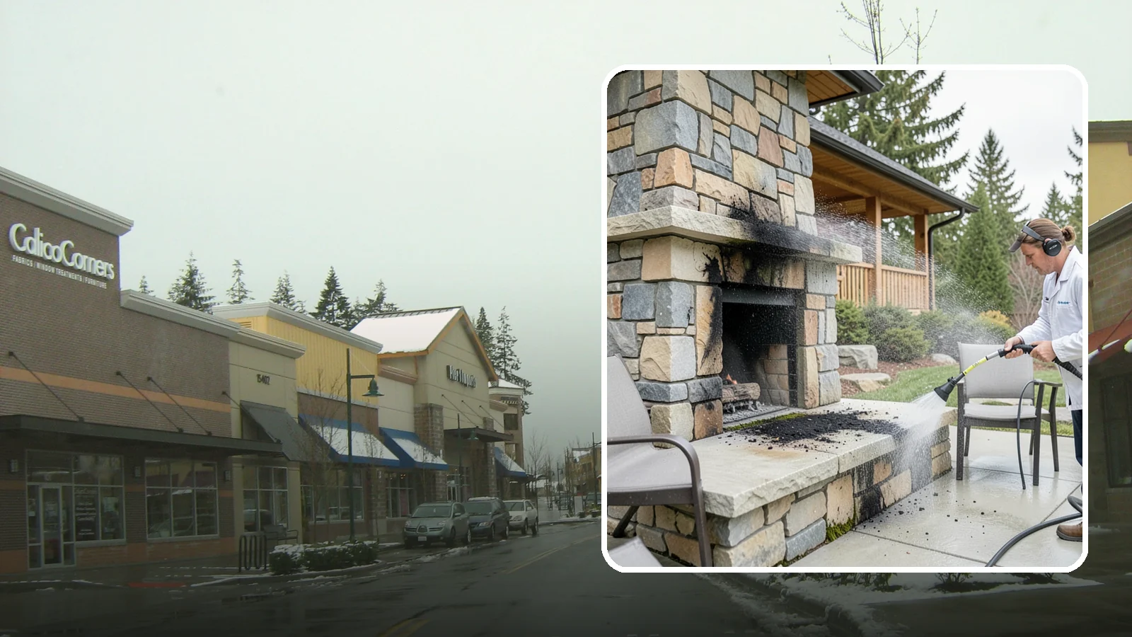 Outdoor Fireplace Cleaning in Mill Creek, Snohomish County, WA - Clean outdoor fireplace masonry to remove soot, smoke staining, and the moss that grows on the shaded stone.
