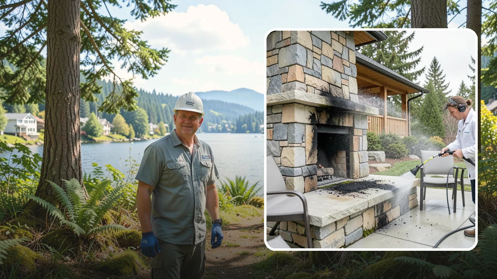 Outdoor Fireplace Cleaning in Milton, King County, WA - Clean outdoor fireplace masonry to remove soot, smoke staining, and the moss that grows on the shaded stone.