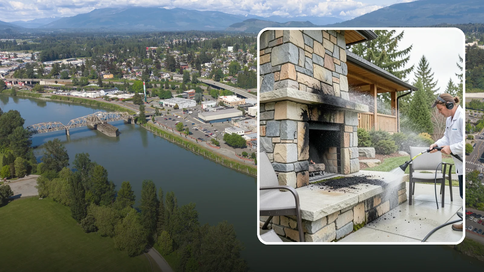 Outdoor Fireplace Cleaning in Mount Vernon, Skagit County, WA - Clean outdoor fireplace masonry to remove soot, smoke staining, and the moss that grows on the shaded stone.