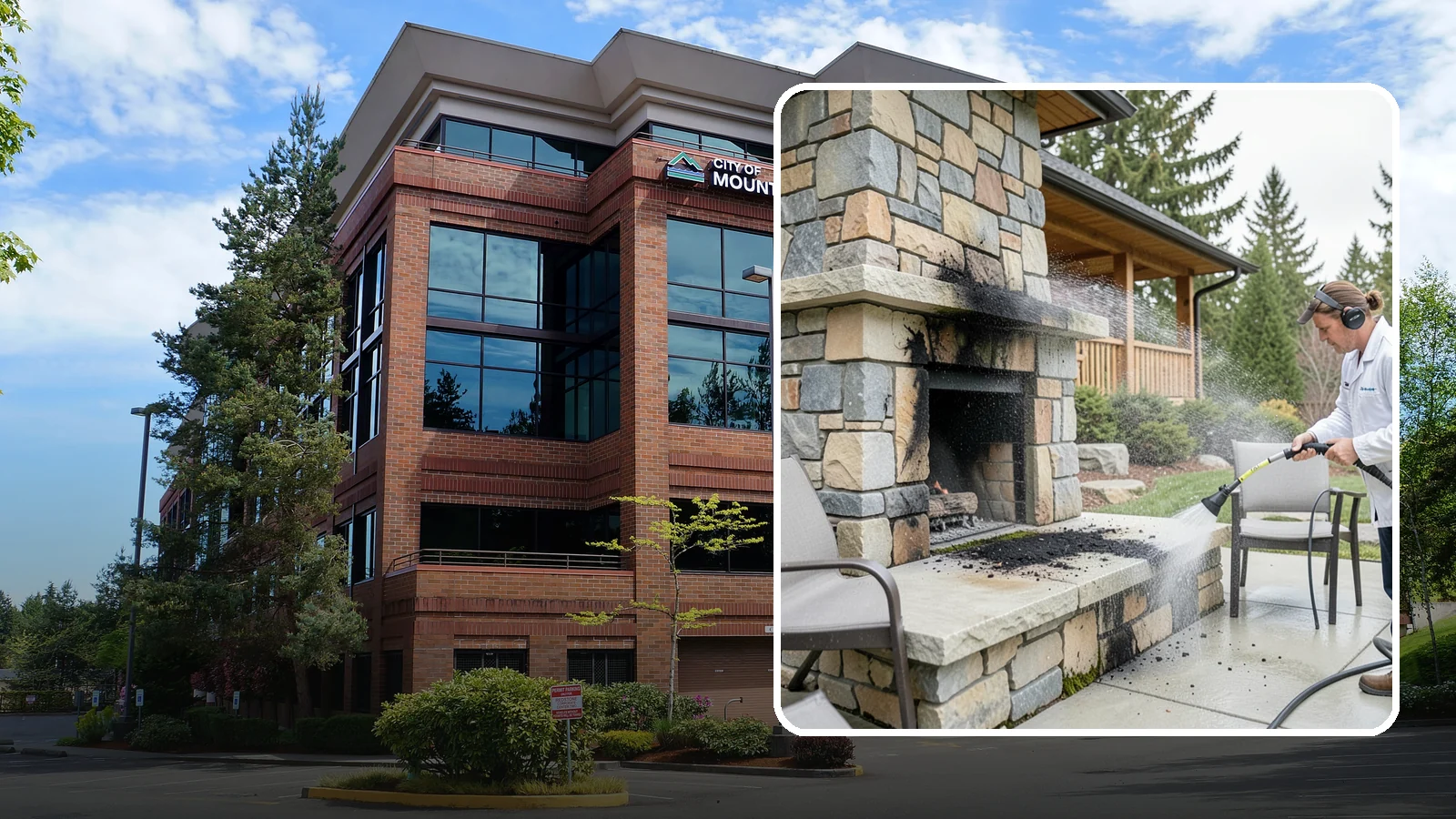 Outdoor Fireplace Cleaning in Mountlake Terrace, Snohomish County, WA - Clean outdoor fireplace masonry to remove soot, smoke staining, and the moss that grows on the shaded stone.