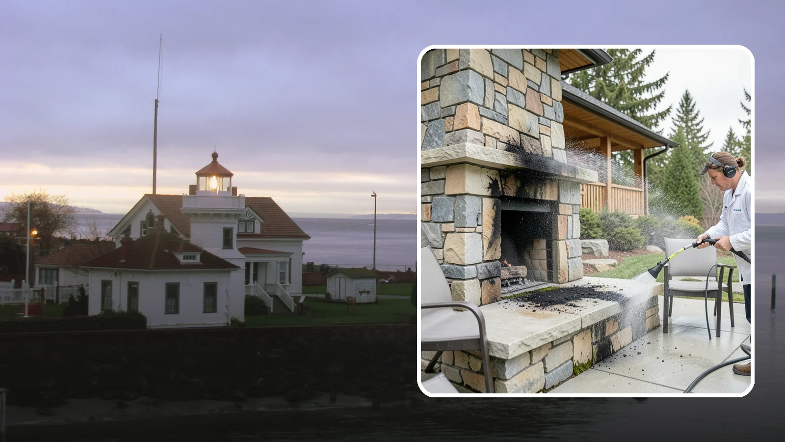 Outdoor Fireplace Cleaning in Mukilteo, Snohomish County, WA - Clean outdoor fireplace masonry to remove soot, smoke staining, and the moss that grows on the shaded stone.