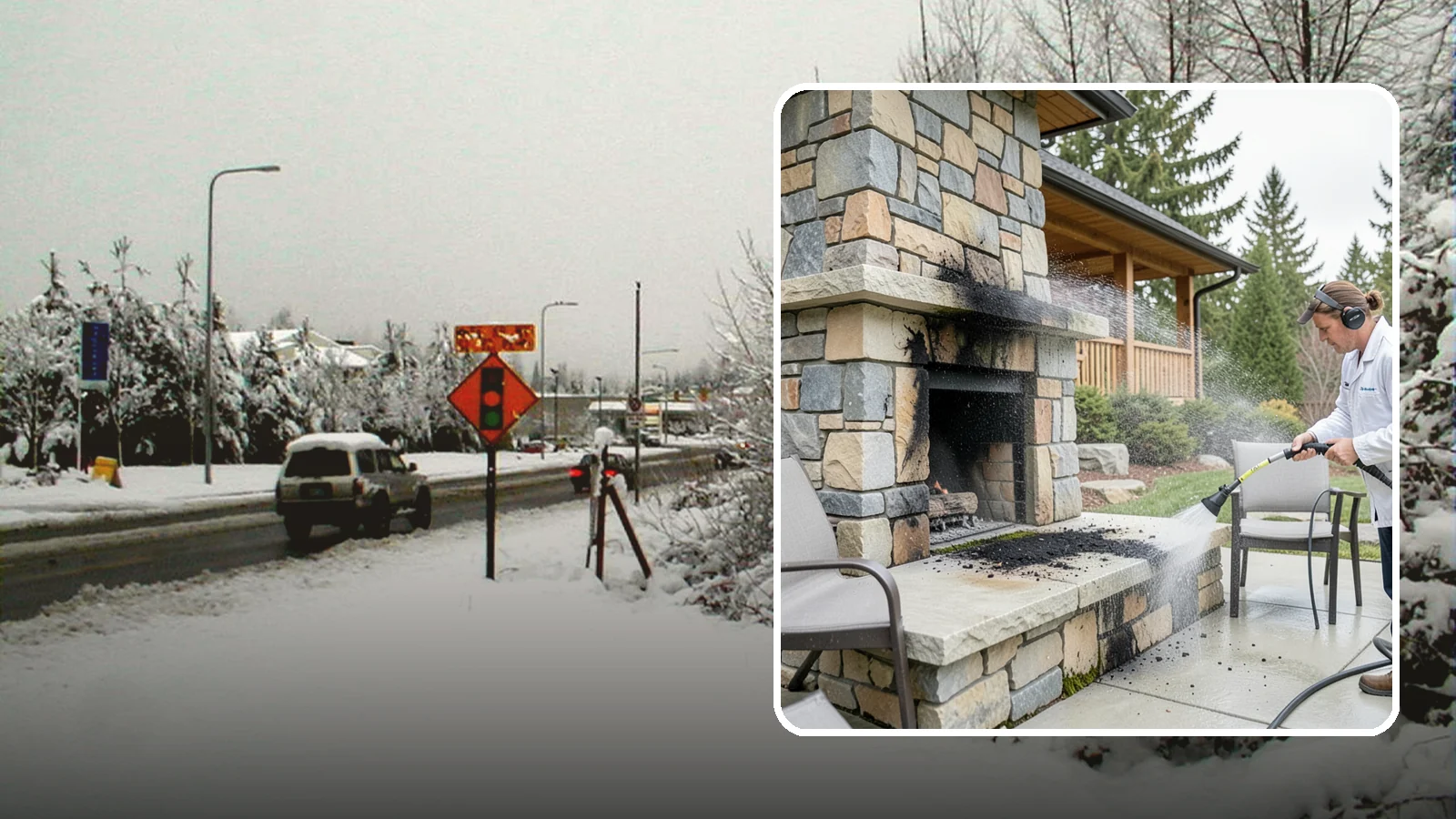 Outdoor Fireplace Cleaning in Newcastle, King County, WA - Clean outdoor fireplace masonry to remove soot, smoke staining, and the moss that grows on the shaded stone.