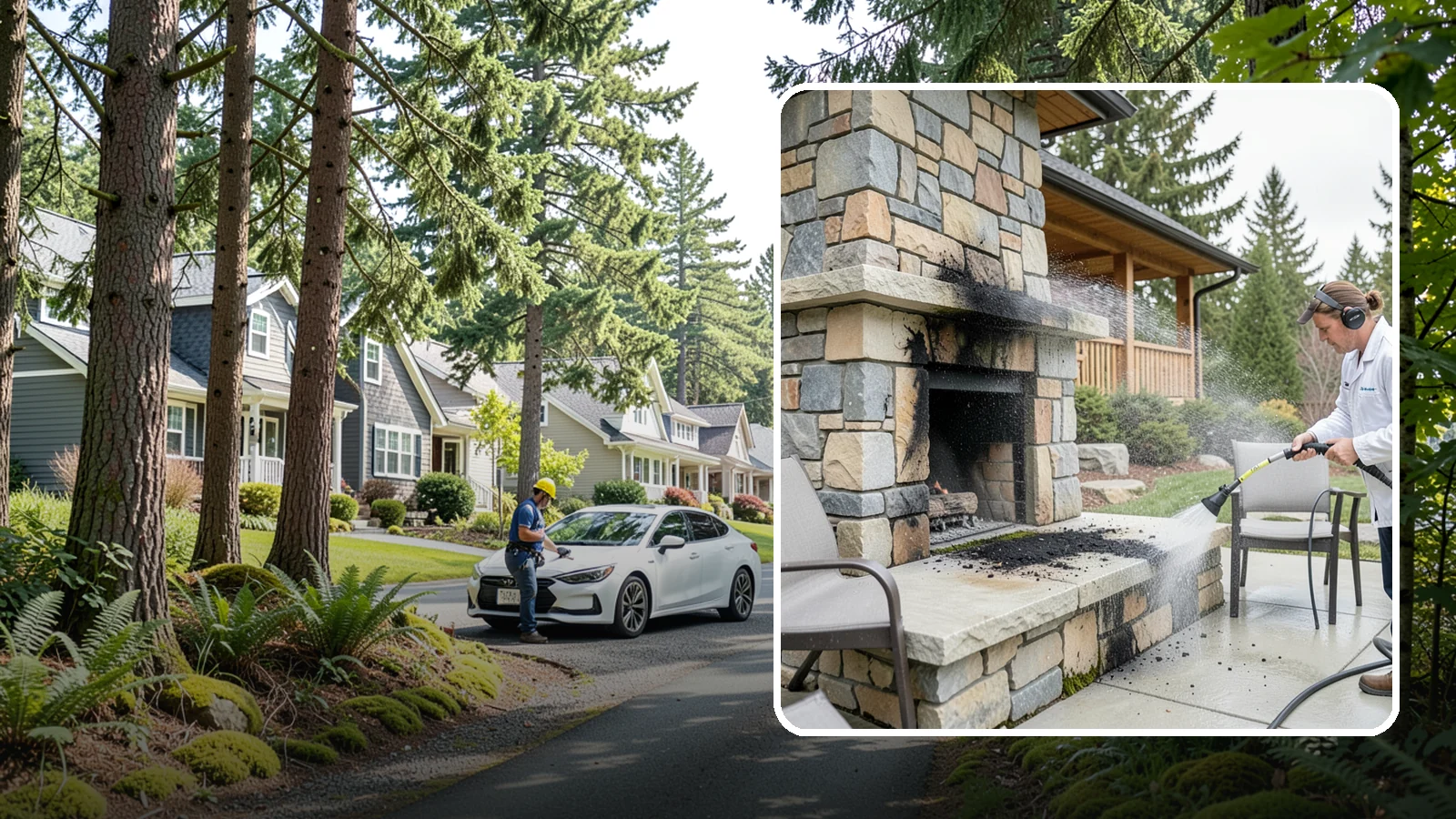 Outdoor Fireplace Cleaning in Normandy Park, King County, WA - Clean outdoor fireplace masonry to remove soot, smoke staining, and the moss that grows on the shaded stone.