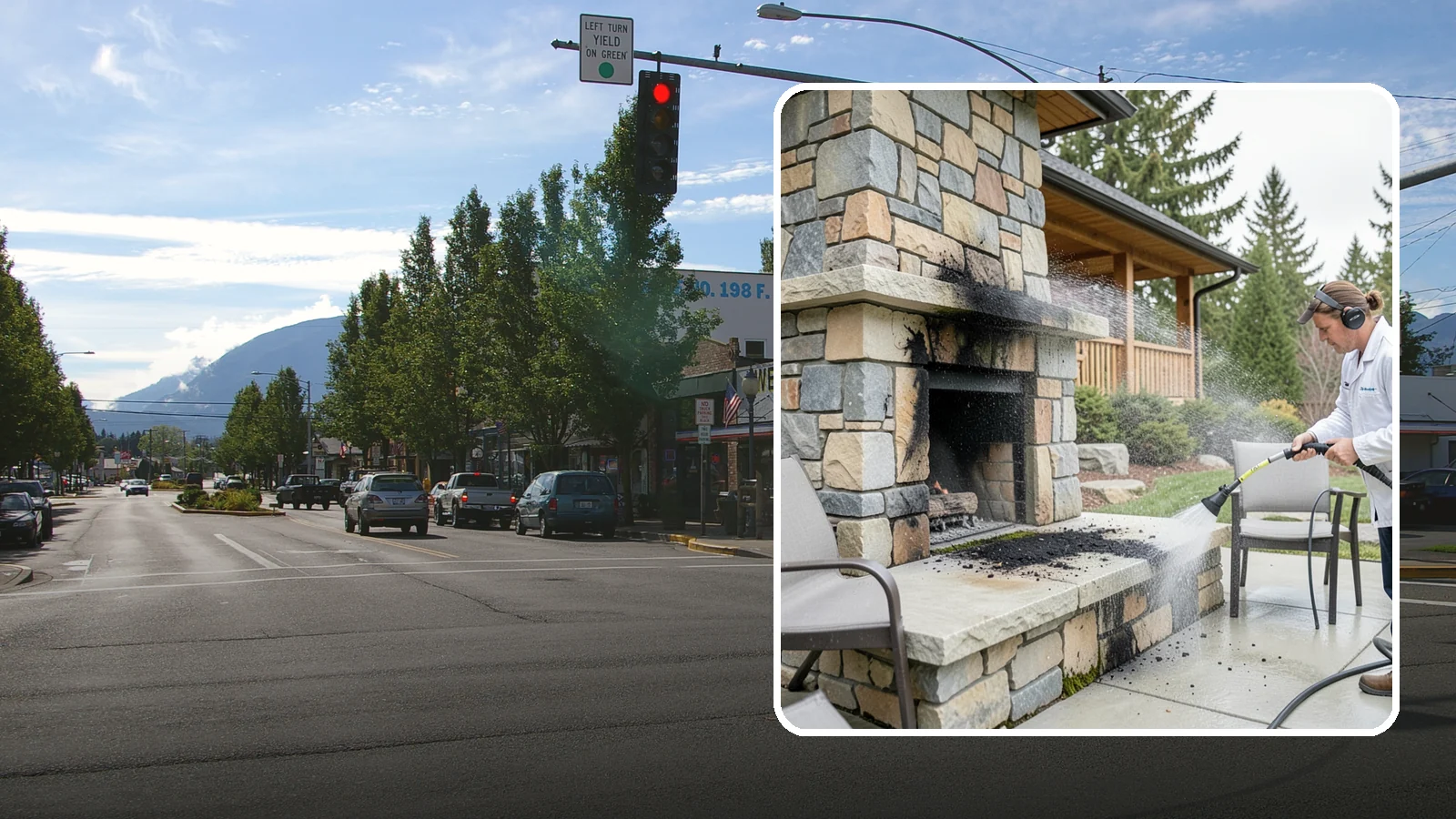 Outdoor Fireplace Cleaning in North Bend, King County, WA - Clean outdoor fireplace masonry to remove soot, smoke staining, and the moss that grows on the shaded stone.