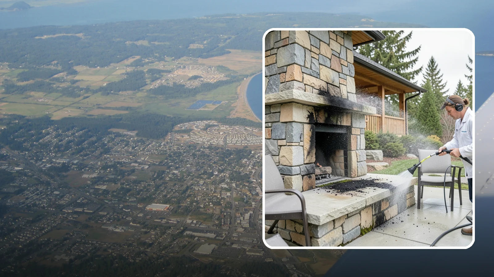 Outdoor Fireplace Cleaning in Oak Harbor, Island County, WA - Clean outdoor fireplace masonry to remove soot, smoke staining, and the moss that grows on the shaded stone.