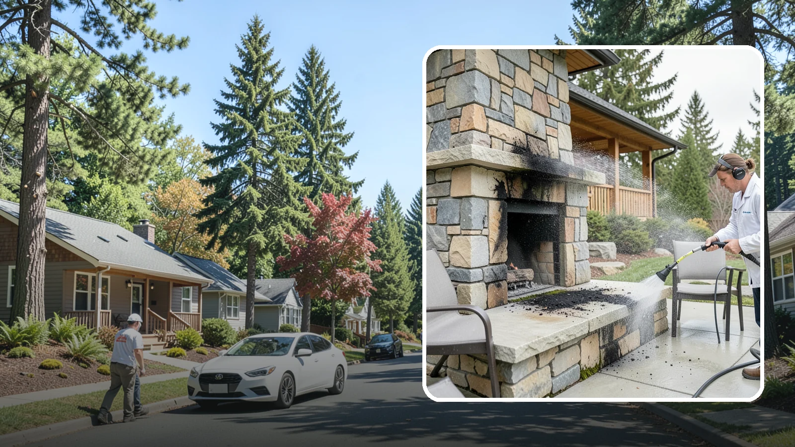 Outdoor Fireplace Cleaning in Orting, Pierce County, WA - Clean outdoor fireplace masonry to remove soot, smoke staining, and the moss that grows on the shaded stone.