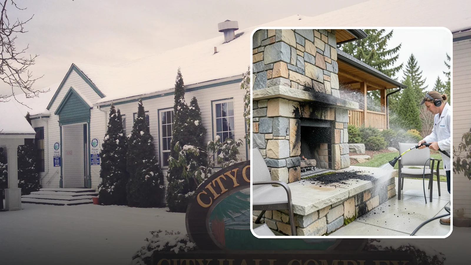 Outdoor Fireplace Cleaning in Pacific, King County, WA - Clean outdoor fireplace masonry to remove soot, smoke staining, and the moss that grows on the shaded stone.