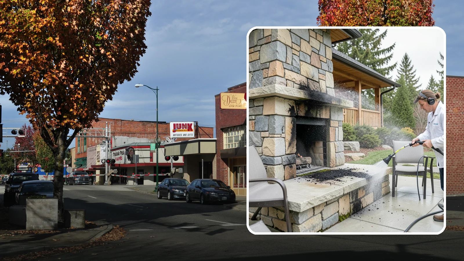 Outdoor Fireplace Cleaning in Puyallup, Pierce County, WA - Clean outdoor fireplace masonry to remove soot, smoke staining, and the moss that grows on the shaded stone.