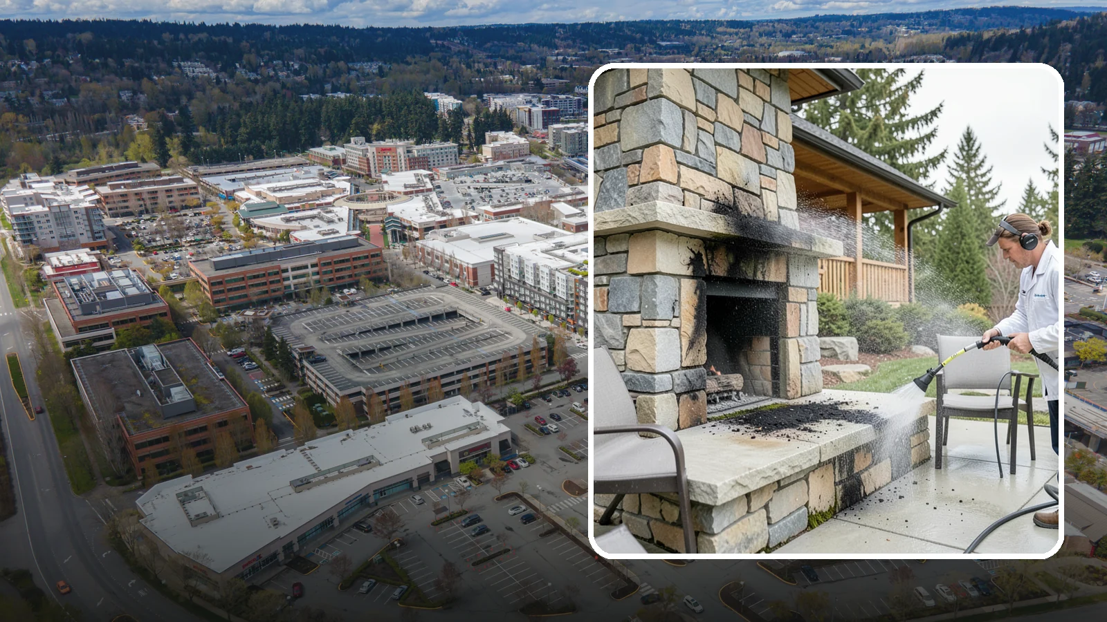 Outdoor Fireplace Cleaning in Redmond, King County, WA - Clean outdoor fireplace masonry to remove soot, smoke staining, and the moss that grows on the shaded stone.