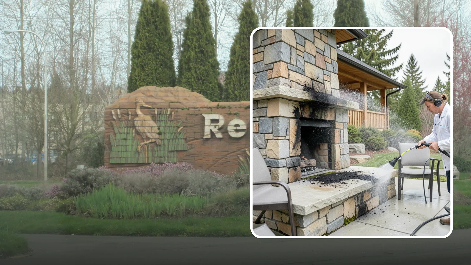 Outdoor Fireplace Cleaning in Renton, King County, WA - Clean outdoor fireplace masonry to remove soot, smoke staining, and the moss that grows on the shaded stone.
