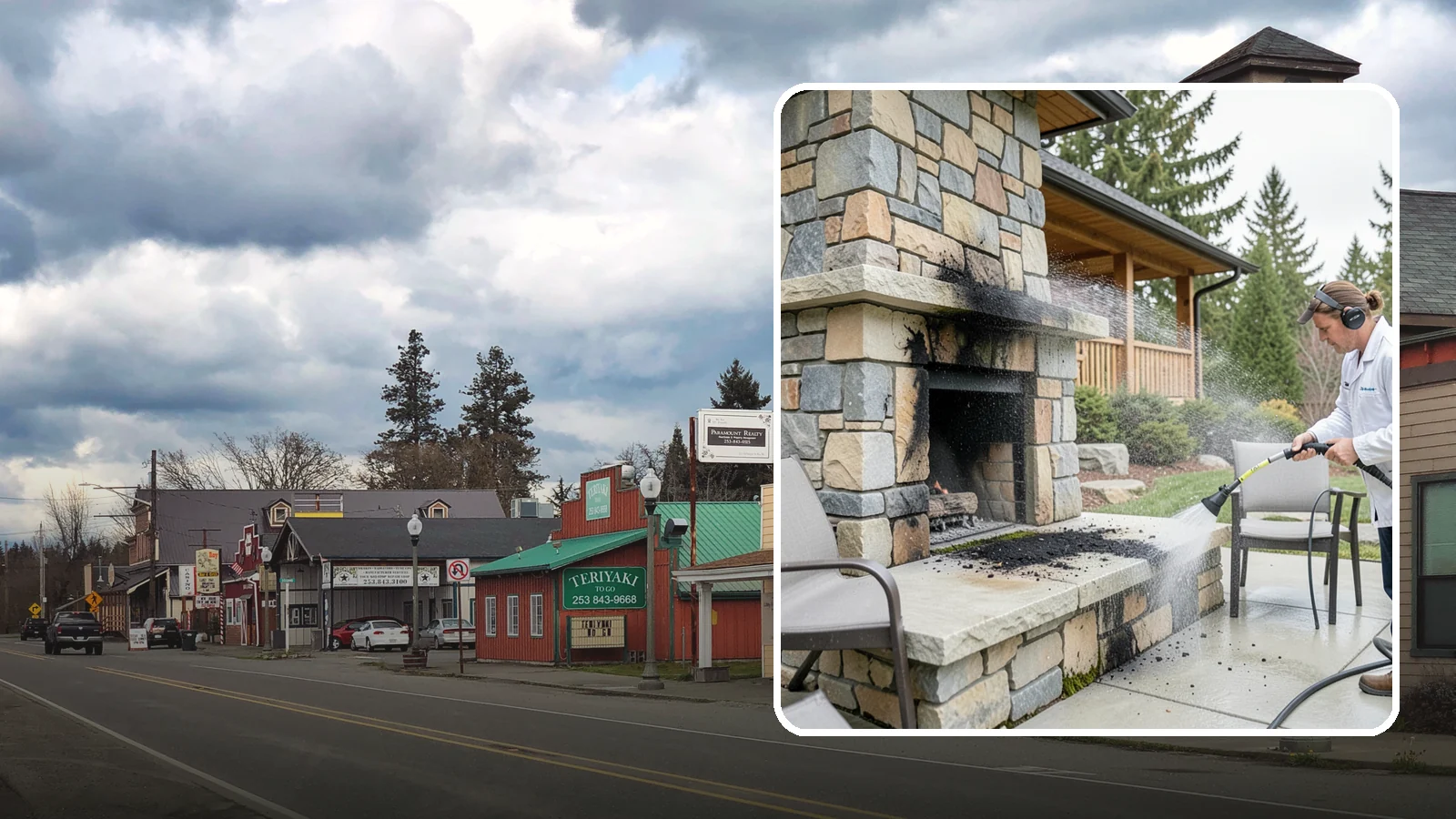 Outdoor Fireplace Cleaning in Roy, Pierce County, WA - Clean outdoor fireplace masonry to remove soot, smoke staining, and the moss that grows on the shaded stone.