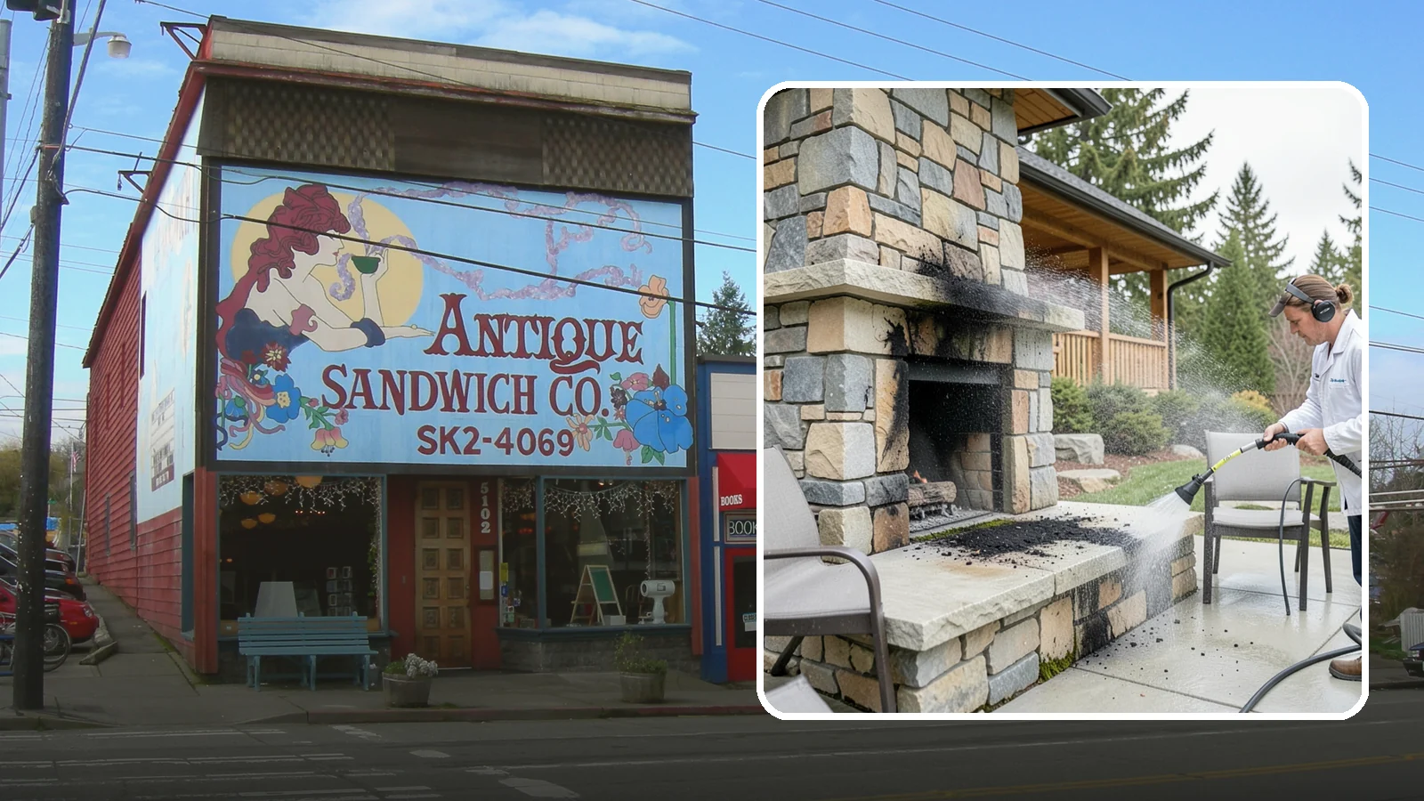 Outdoor Fireplace Cleaning in Ruston, Pierce County, WA - Clean outdoor fireplace masonry to remove soot, smoke staining, and the moss that grows on the shaded stone.