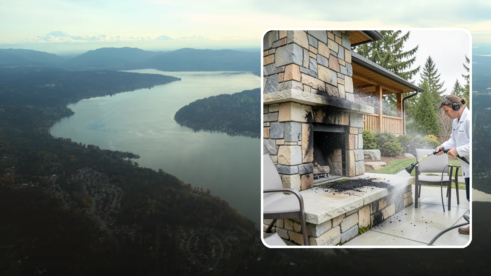 Outdoor Fireplace Cleaning in Sammamish, King County, WA - Clean outdoor fireplace masonry to remove soot, smoke staining, and the moss that grows on the shaded stone.