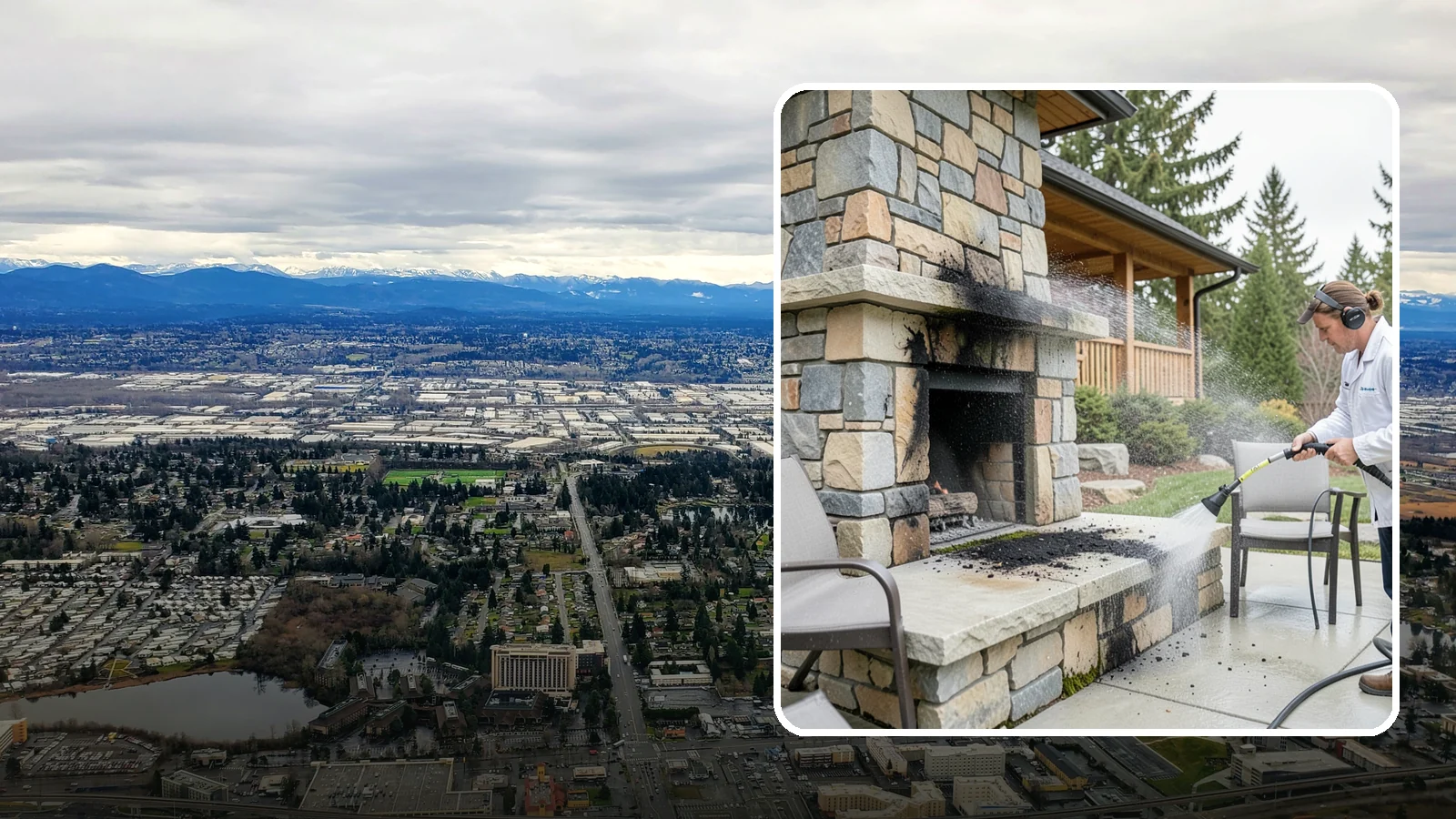 Outdoor Fireplace Cleaning in SeaTac, King County, WA - Clean outdoor fireplace masonry to remove soot, smoke staining, and the moss that grows on the shaded stone.