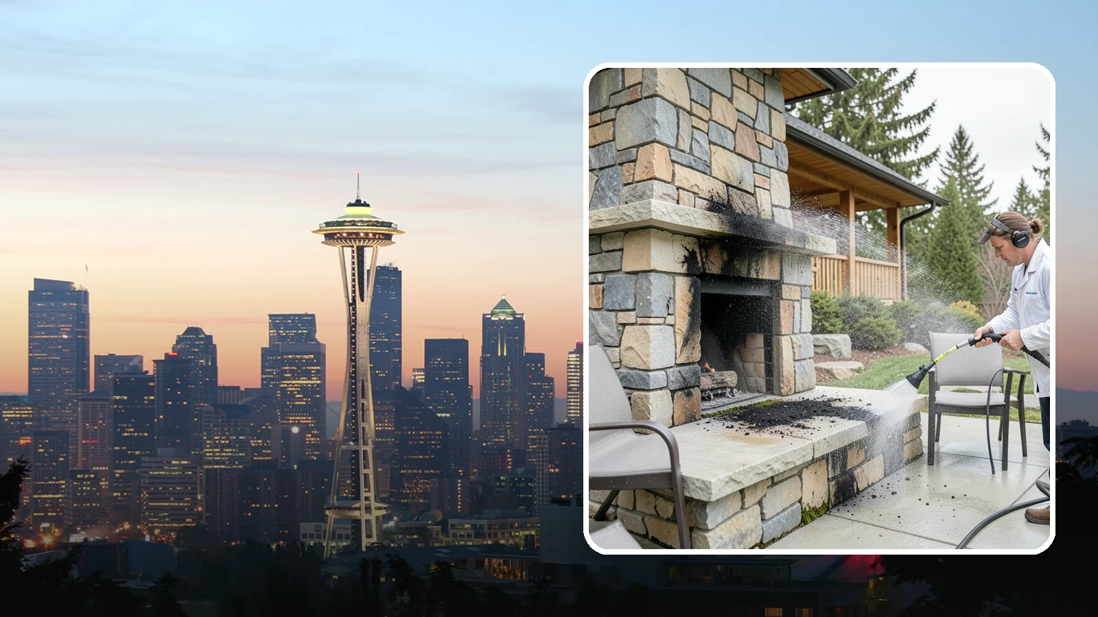 Outdoor Fireplace Cleaning in Seattle, King County, WA - Clean outdoor fireplace masonry to remove soot, smoke staining, and the moss that grows on the shaded stone.