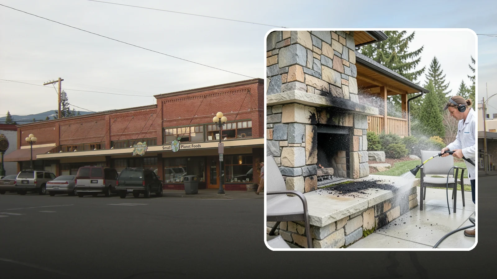 Outdoor Fireplace Cleaning in Sedro-Woolley, Skagit County, WA - Clean outdoor fireplace masonry to remove soot, smoke staining, and the moss that grows on the shaded stone.