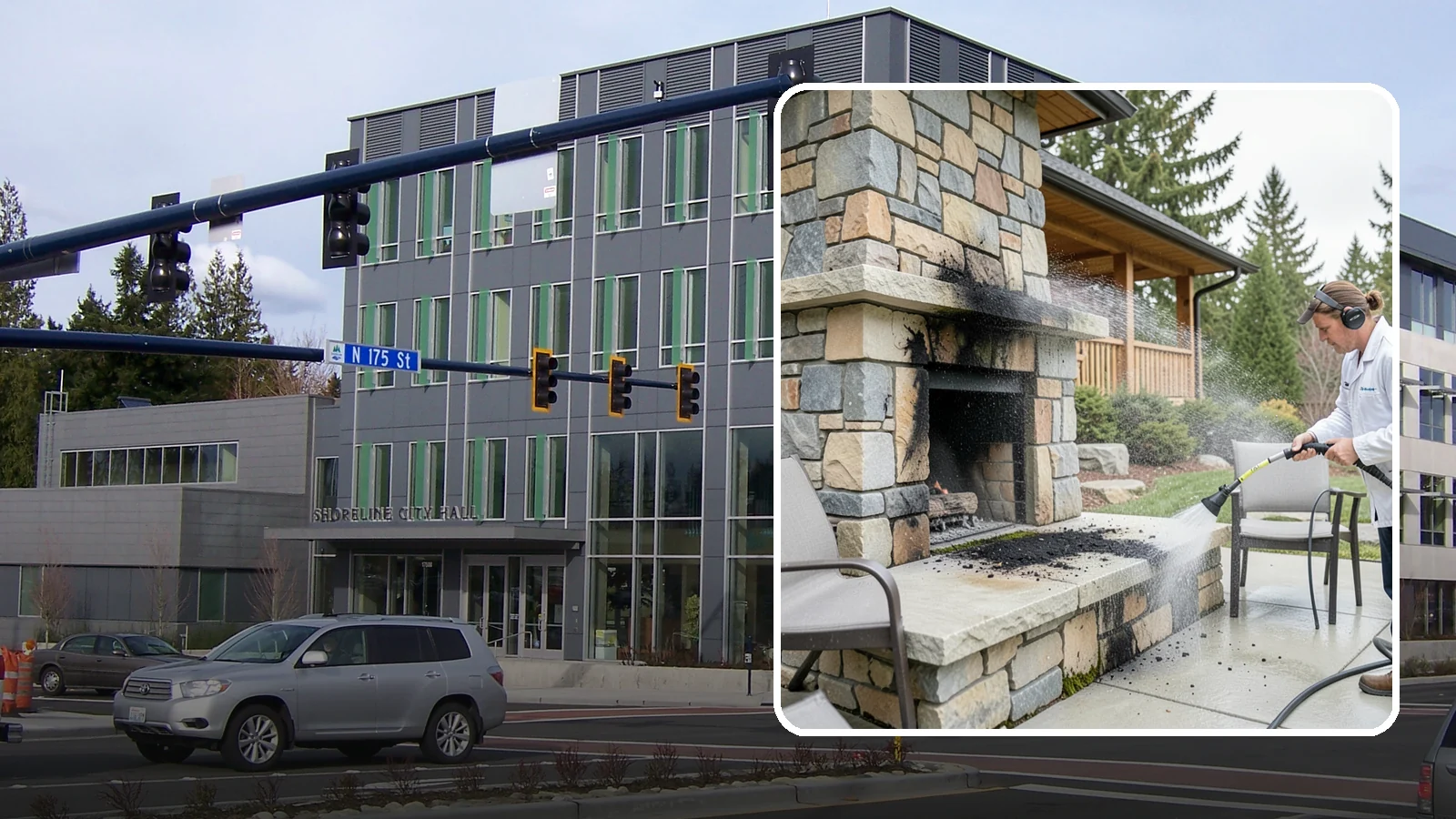 Outdoor Fireplace Cleaning in Shoreline, King County, WA - Clean outdoor fireplace masonry to remove soot, smoke staining, and the moss that grows on the shaded stone.