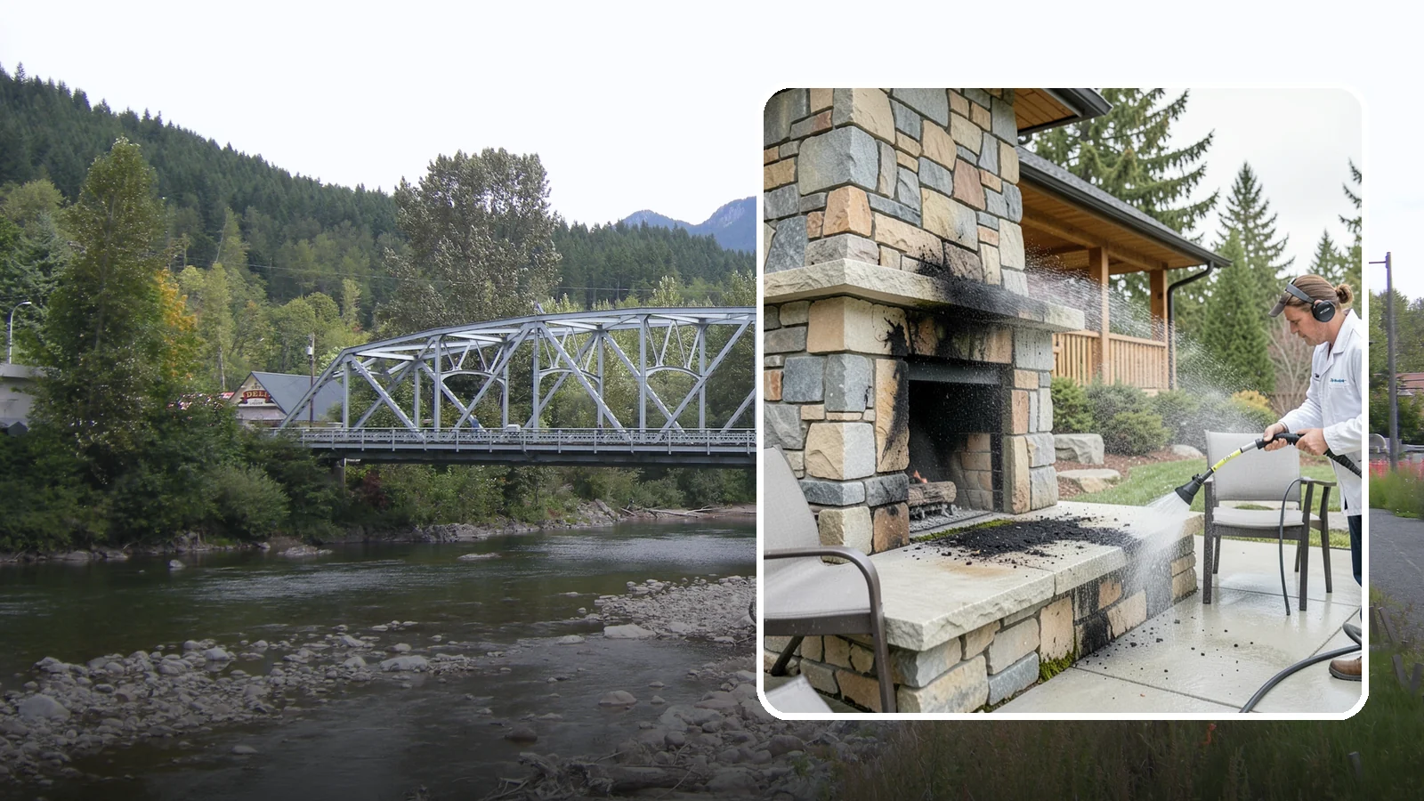 Outdoor Fireplace Cleaning in Skykomish, King County, WA - Clean outdoor fireplace masonry to remove soot, smoke staining, and the moss that grows on the shaded stone.