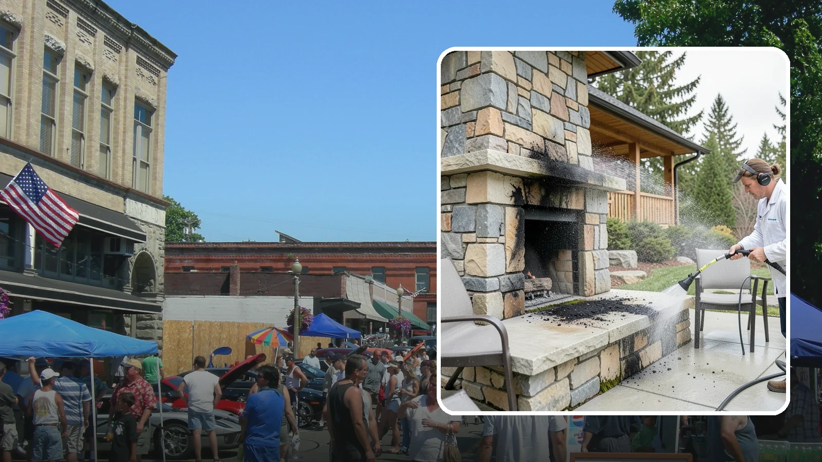 Outdoor Fireplace Cleaning in Snohomish, Snohomish County, WA - Clean outdoor fireplace masonry to remove soot, smoke staining, and the moss that grows on the shaded stone.