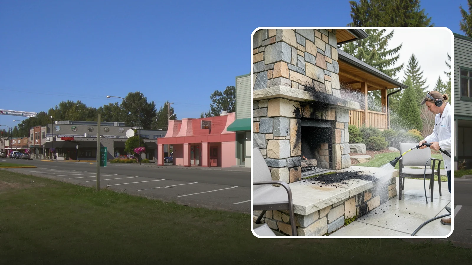 Outdoor Fireplace Cleaning in Snoqualmie, King County, WA - Clean outdoor fireplace masonry to remove soot, smoke staining, and the moss that grows on the shaded stone.