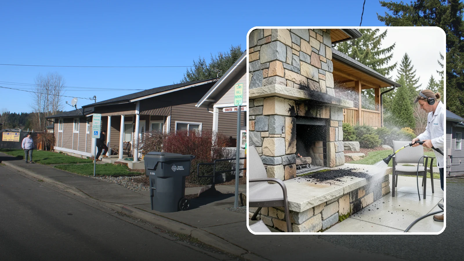 Outdoor Fireplace Cleaning in South Prairie, Pierce County, WA - Clean outdoor fireplace masonry to remove soot, smoke staining, and the moss that grows on the shaded stone.