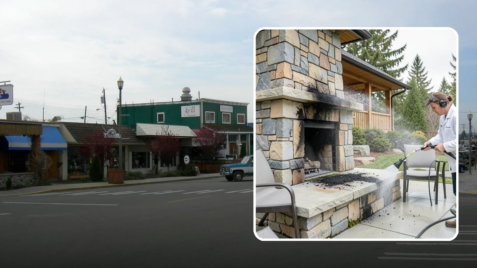 Outdoor Fireplace Cleaning in Stanwood, Snohomish County, WA - Clean outdoor fireplace masonry to remove soot, smoke staining, and the moss that grows on the shaded stone.