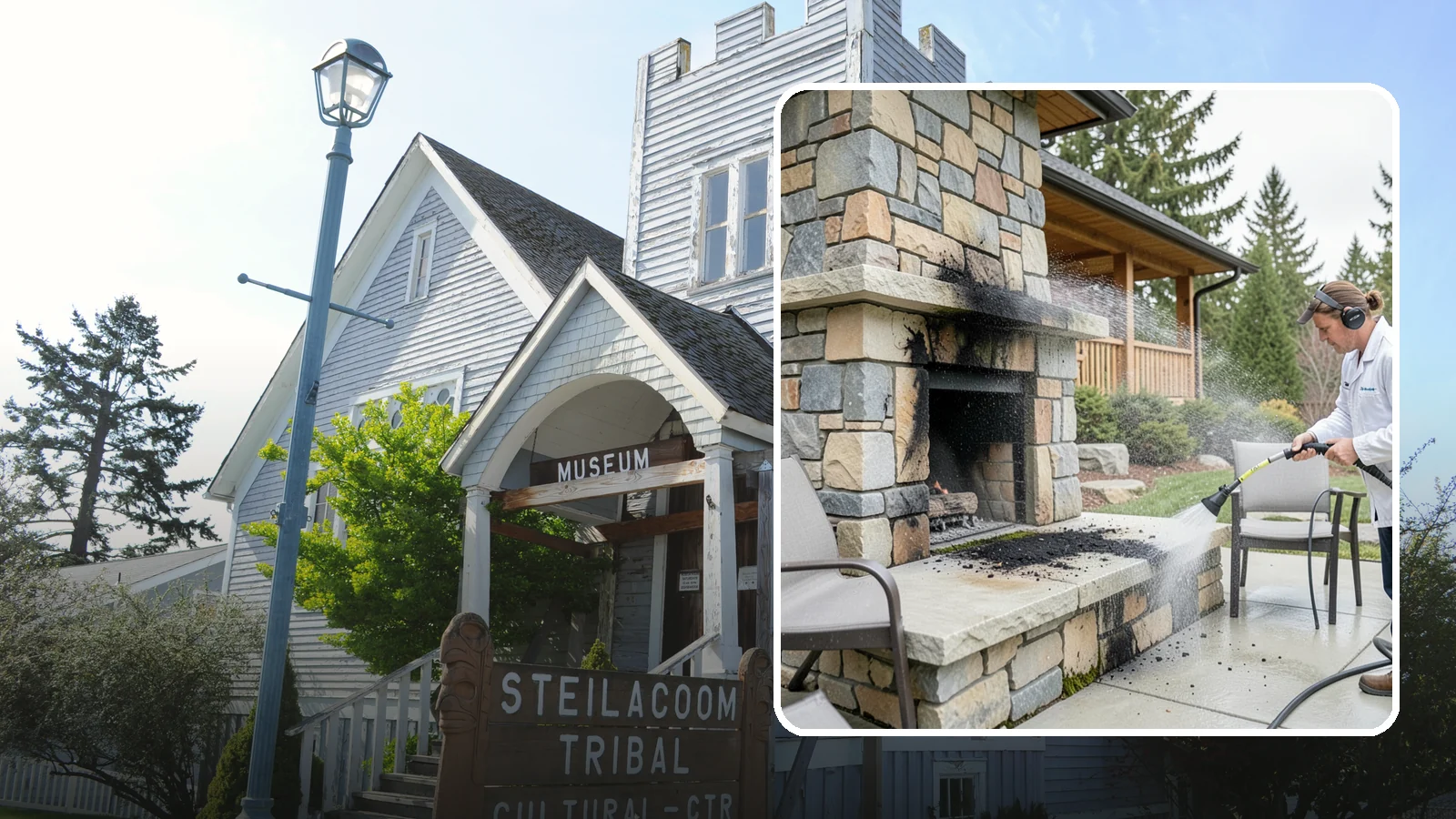 Outdoor Fireplace Cleaning in Steilacoom, Pierce County, WA - Clean outdoor fireplace masonry to remove soot, smoke staining, and the moss that grows on the shaded stone.