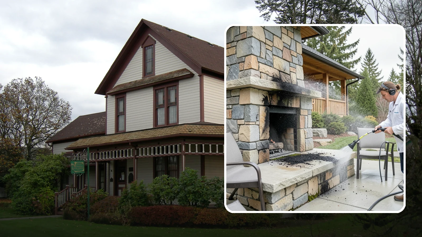 Outdoor Fireplace Cleaning in Sumner, Pierce County, WA - Clean outdoor fireplace masonry to remove soot, smoke staining, and the moss that grows on the shaded stone.