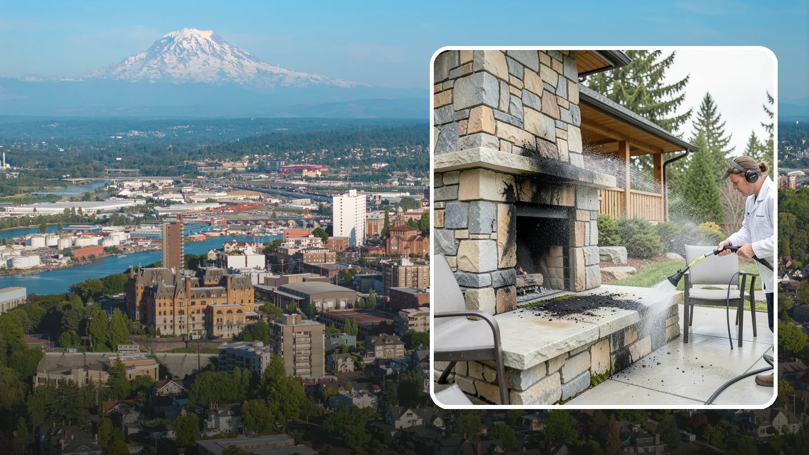 Outdoor Fireplace Cleaning in Tacoma, Pierce County, WA - Clean outdoor fireplace masonry to remove soot, smoke staining, and the moss that grows on the shaded stone.