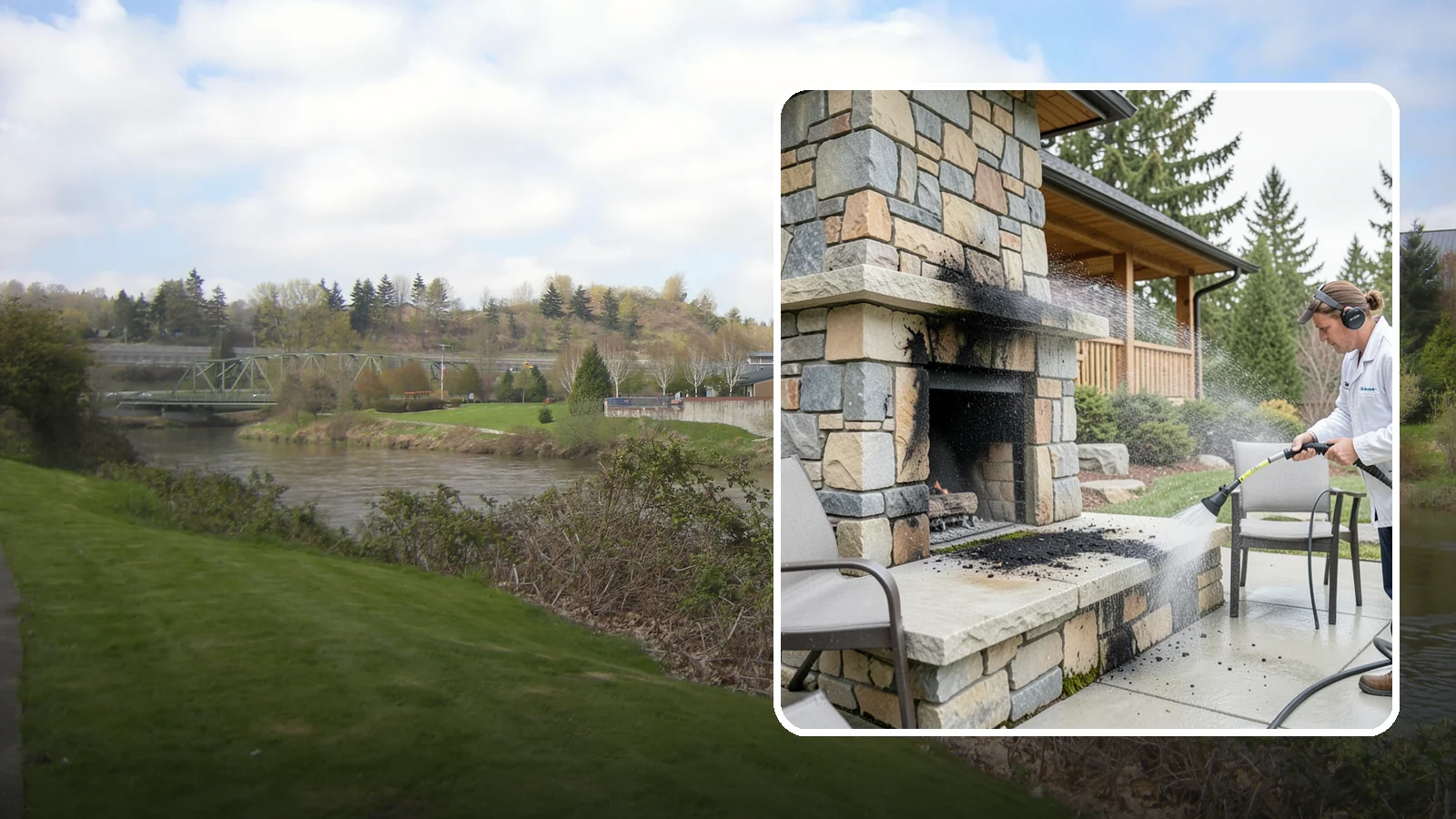 Outdoor Fireplace Cleaning in Tukwila, King County, WA - Clean outdoor fireplace masonry to remove soot, smoke staining, and the moss that grows on the shaded stone.