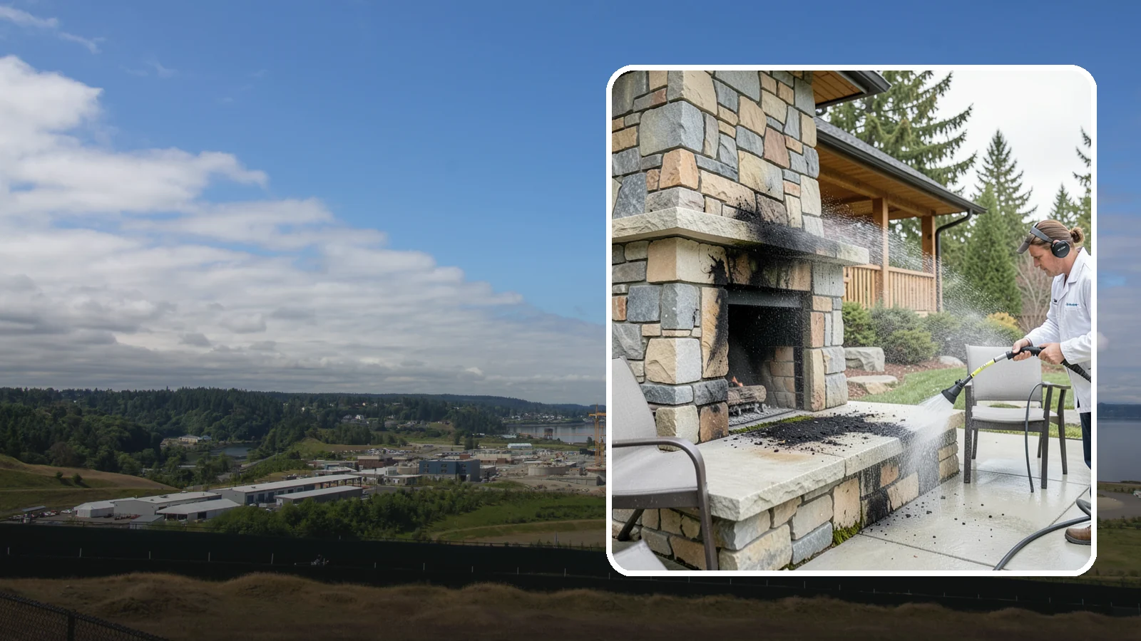 Outdoor Fireplace Cleaning in University Place, Pierce County, WA - Clean outdoor fireplace masonry to remove soot, smoke staining, and the moss that grows on the shaded stone.