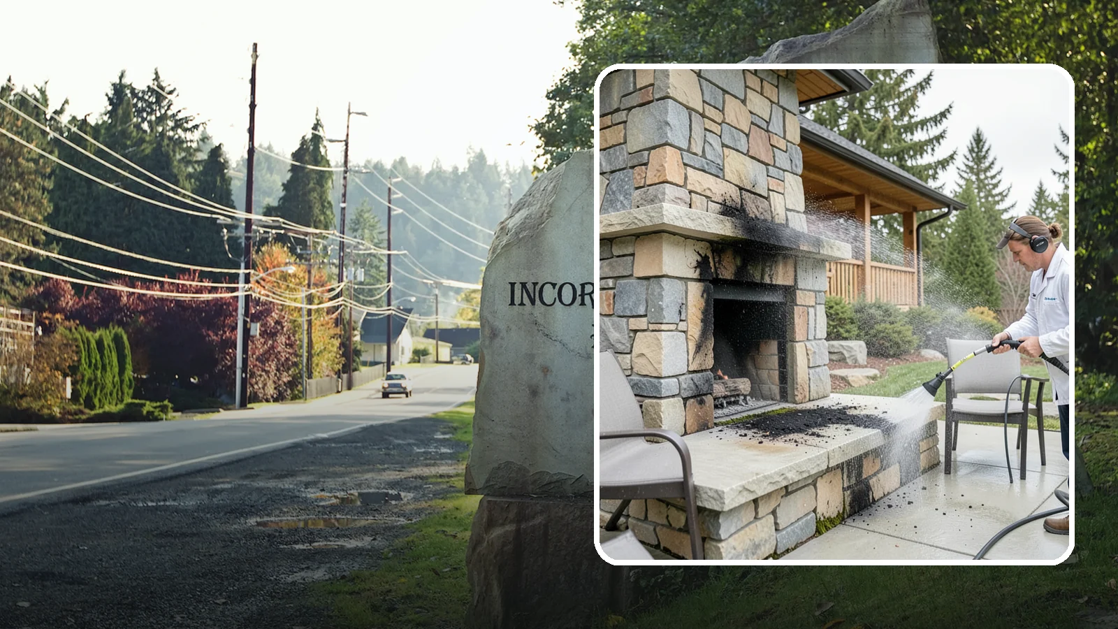 Outdoor Fireplace Cleaning in Wilkeson, Pierce County, WA - Clean outdoor fireplace masonry to remove soot, smoke staining, and the moss that grows on the shaded stone.