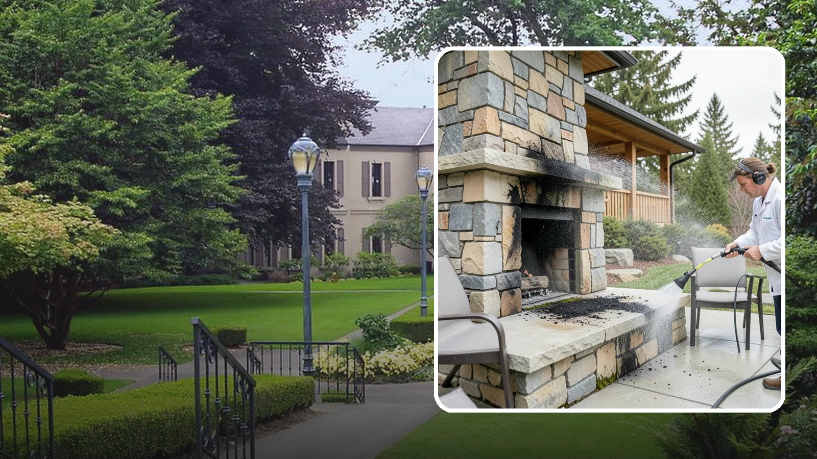 Outdoor Fireplace Cleaning in Woodinville, King County, WA - Clean outdoor fireplace masonry to remove soot, smoke staining, and the moss that grows on the shaded stone.