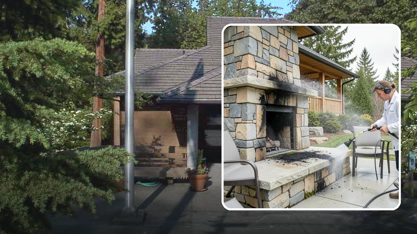 Outdoor Fireplace Cleaning in Yarrow Point, King County, WA - Clean outdoor fireplace masonry to remove soot, smoke staining, and the moss that grows on the shaded stone.