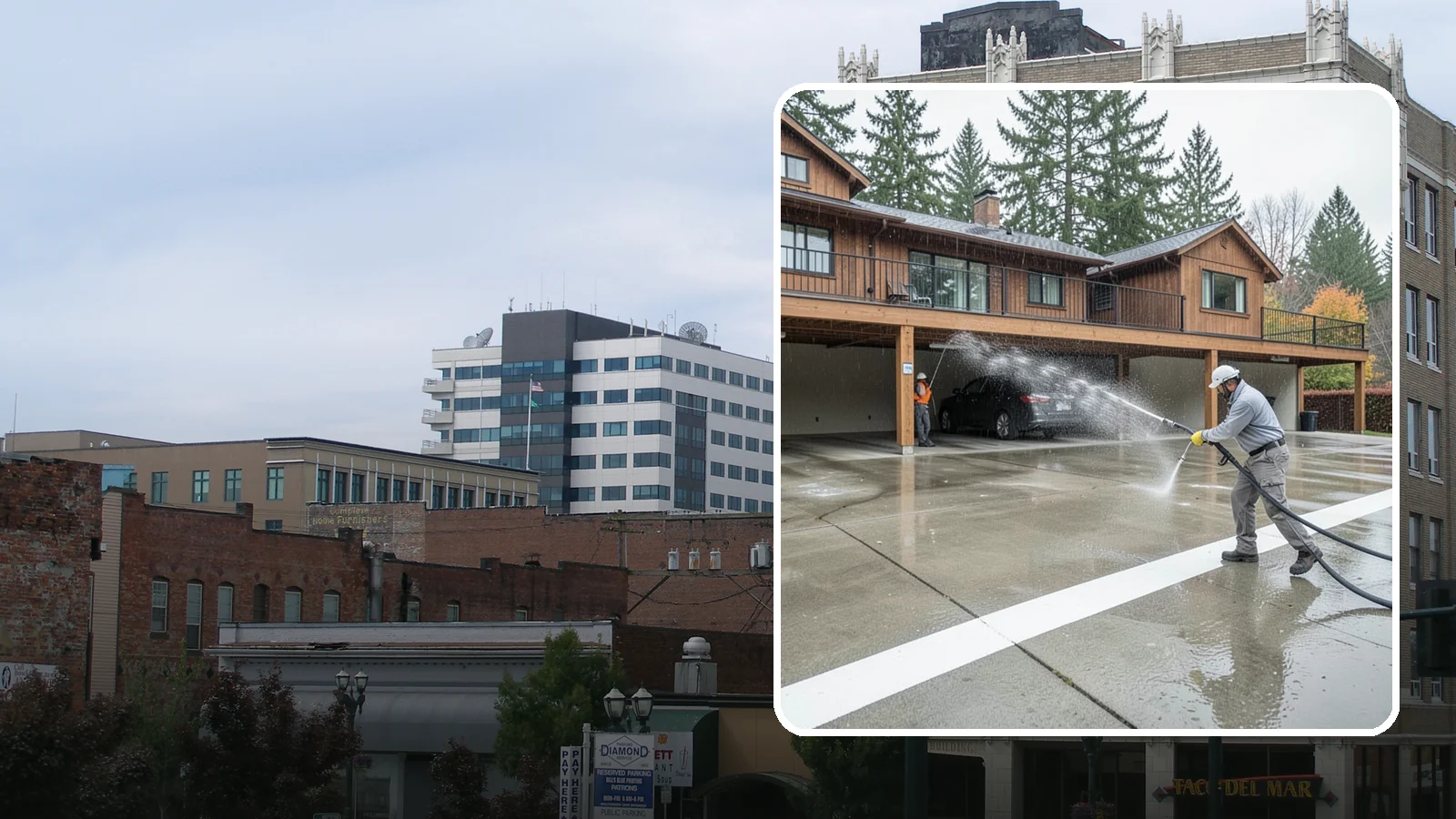 Parking Garage Cleaning in Everett, Snohomish County, WA - We wash parking garage decks and stairwells in Washington to clear oil, salt, and grime from every level.