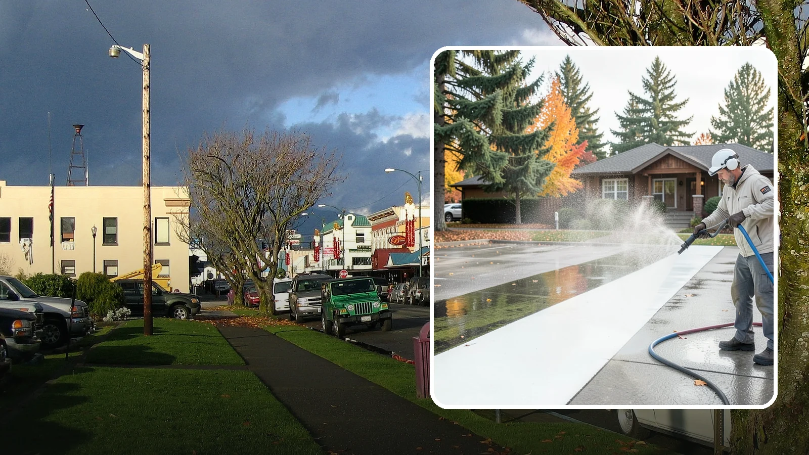 Parking Lot Cleaning in Arlington, Snohomish County, WA - We pressure wash parking lots across Washington to remove oil stains, gum, and the algae that shaded pavement grows.