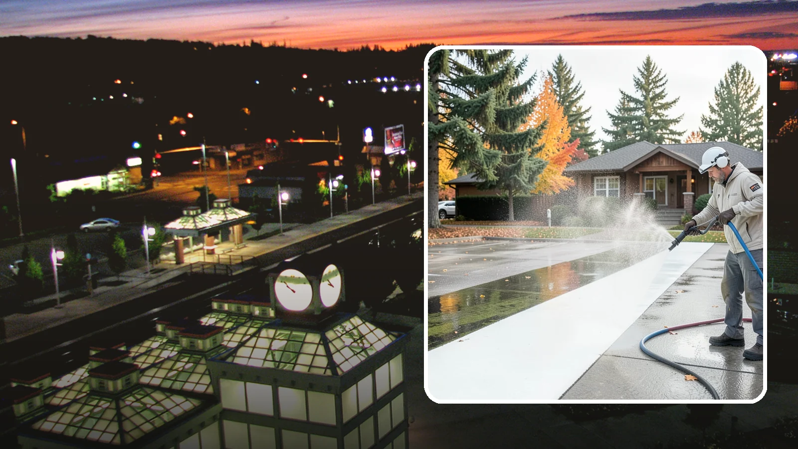 Parking Lot Cleaning in Auburn, King County, WA - We pressure wash parking lots across Washington to remove oil stains, gum, and the algae that shaded pavement grows.