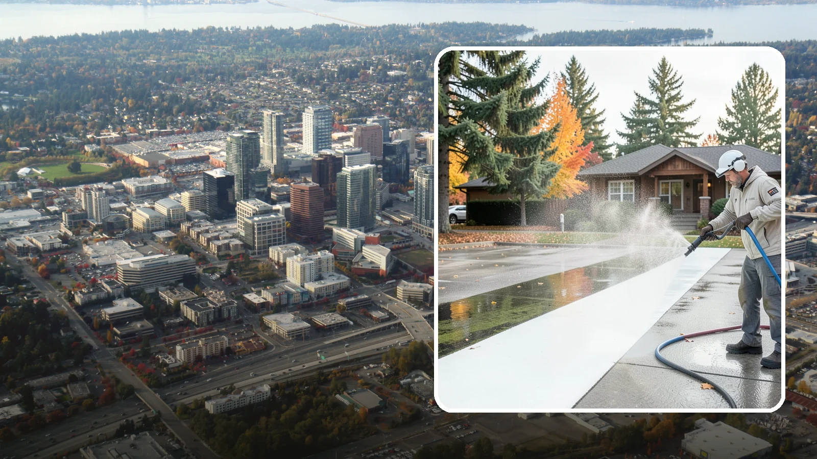 Parking Lot Cleaning in Bellevue, King County, WA - We pressure wash parking lots across Washington to remove oil stains, gum, and the algae that shaded pavement grows.