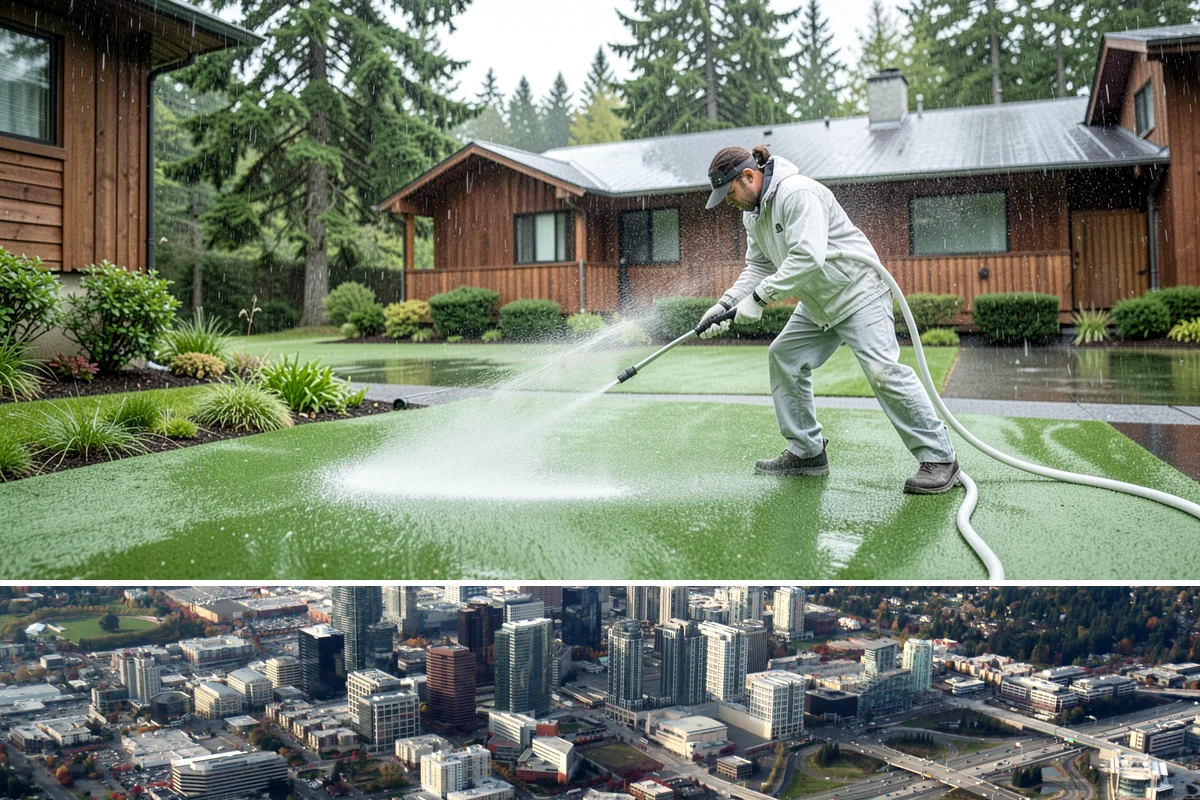 Parking Lot Cleaning in Bellevue, King County, WA - Full lot cleaning is ideal in late spring or summer when pavement dries fast, with high-traffic zones spot-cleaned as needed.