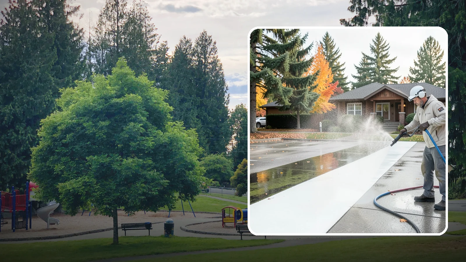 Parking Lot Cleaning in Bonney Lake, Pierce County, WA - We pressure wash parking lots across Washington to remove oil stains, gum, and the algae that shaded pavement grows.