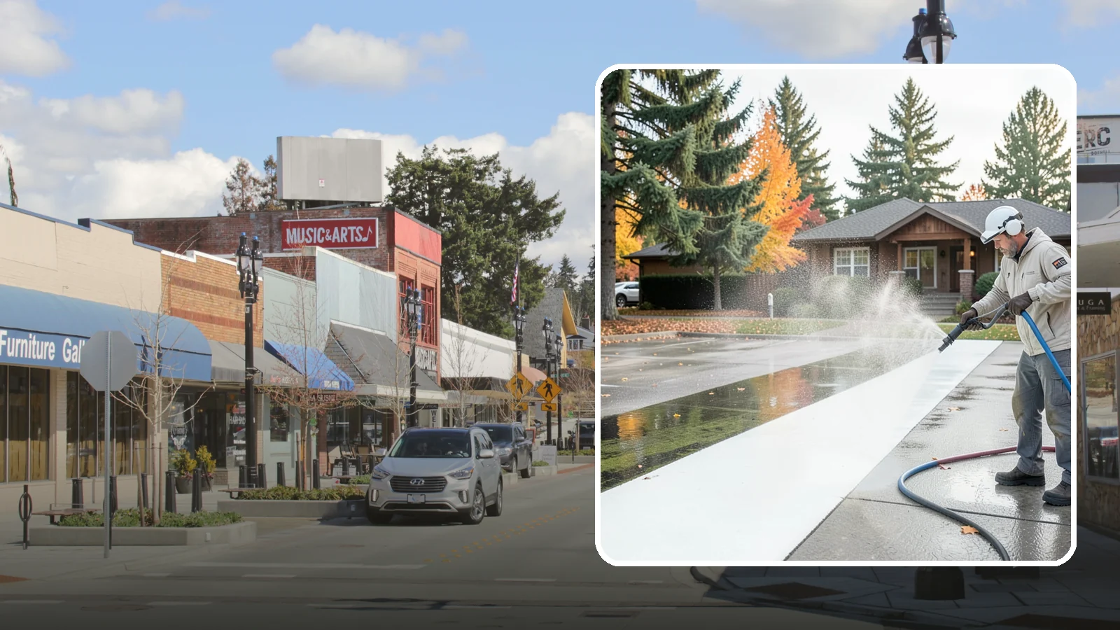 Parking Lot Cleaning in Bothell, King County, WA - We pressure wash parking lots across Washington to remove oil stains, gum, and the algae that shaded pavement grows.