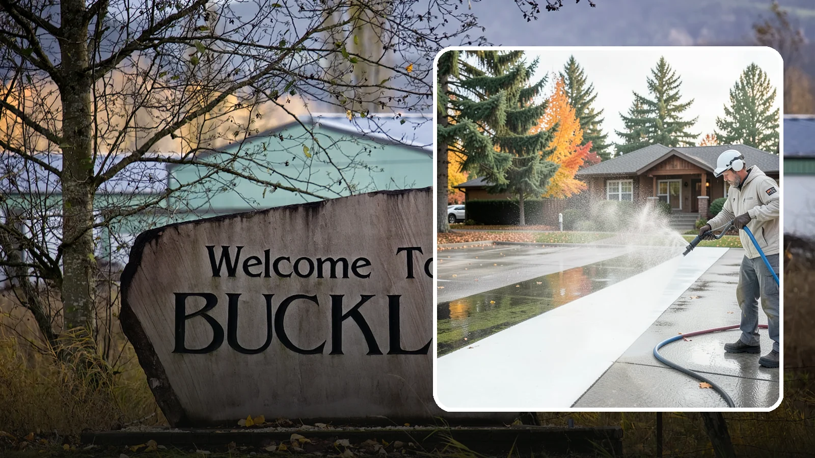 Parking Lot Cleaning in Buckley, Pierce County, WA - We pressure wash parking lots across Washington to remove oil stains, gum, and the algae that shaded pavement grows.