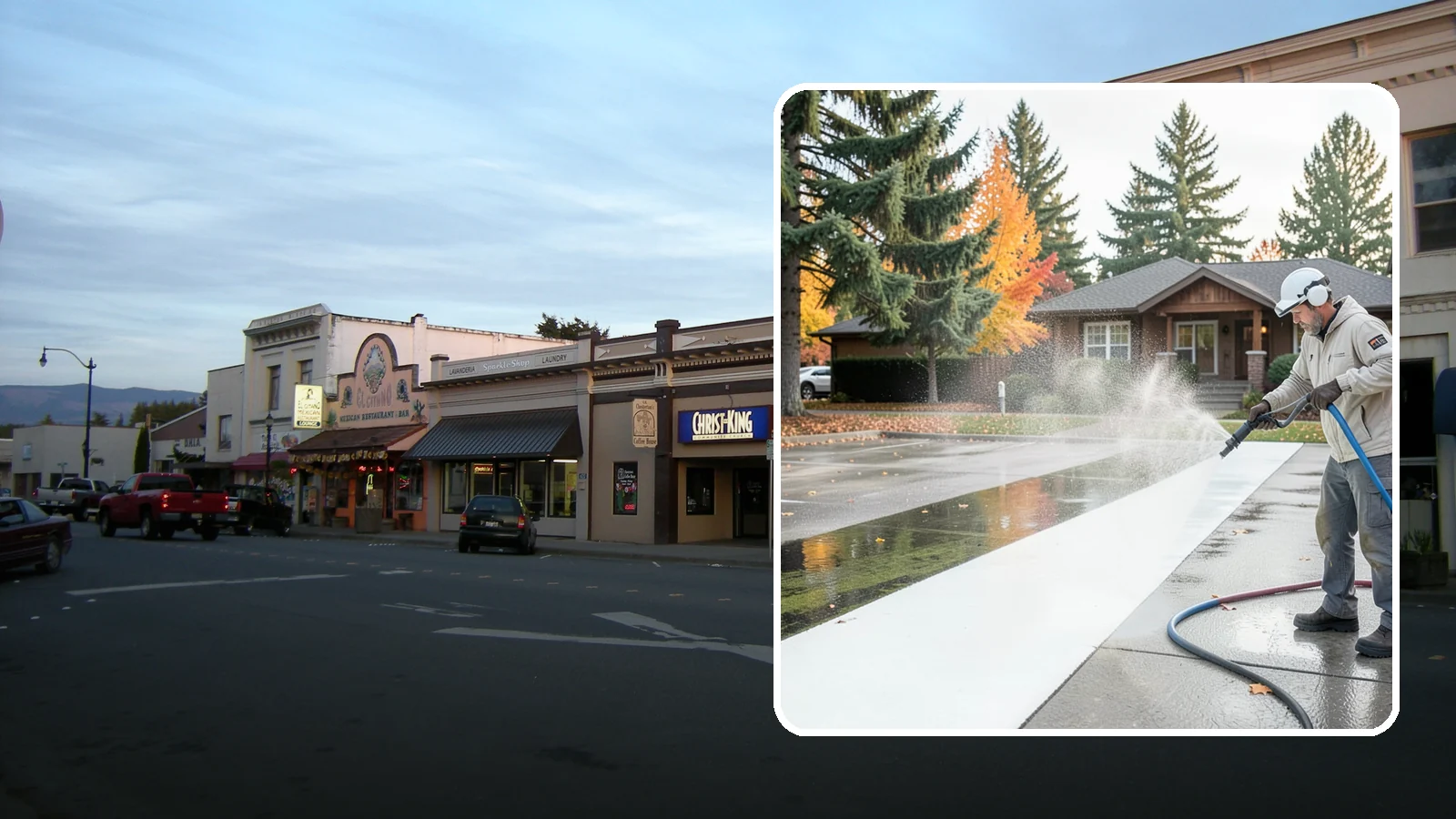 Parking Lot Cleaning in Burlington, Skagit County, WA - We pressure wash parking lots across Washington to remove oil stains, gum, and the algae that shaded pavement grows.