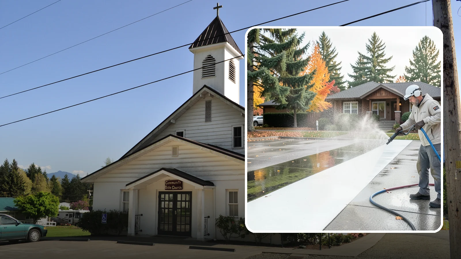 Parking Lot Cleaning in Concrete, Skagit County, WA - We pressure wash parking lots across Washington to remove oil stains, gum, and the algae that shaded pavement grows.