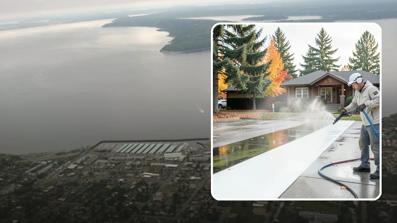 Parking Lot Cleaning in Des Moines, King County, WA - We pressure wash parking lots across Washington to remove oil stains, gum, and the algae that shaded pavement grows.